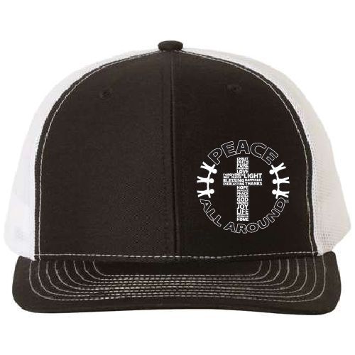 Black and white trucker hat with a circular cross logo and “Peace All Around” text