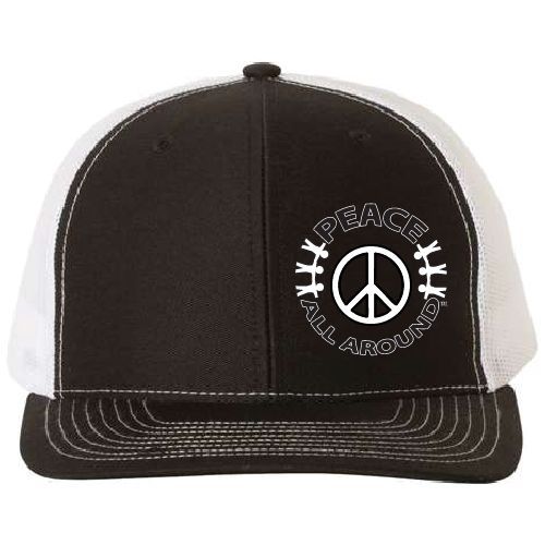 Black and white trucker hat with a circular cross logo and “Peace All Around” text