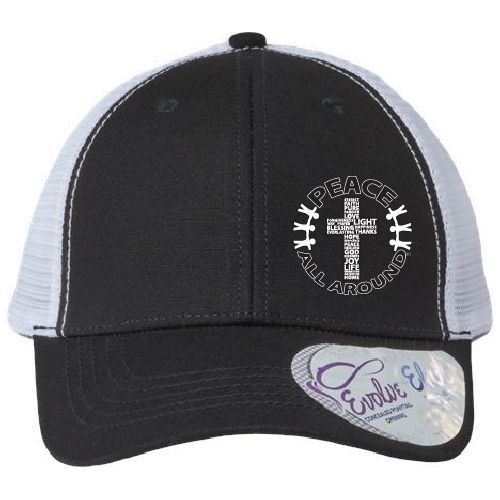 Peace All Around Women’s Ponytail Trucker Cap – Black/White