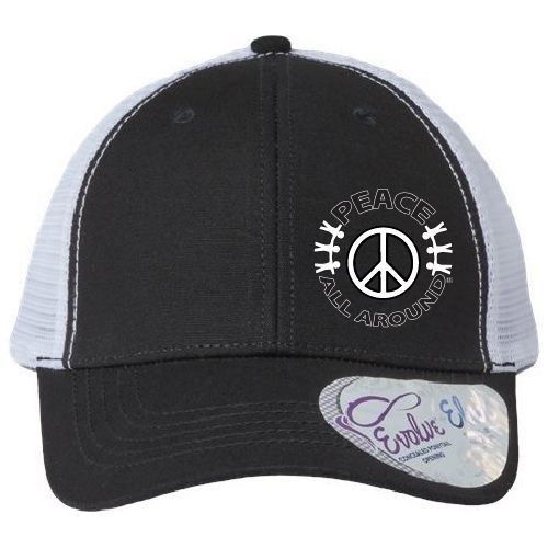 Peace All Around Women’s Ponytail Trucker Cap – Black/White