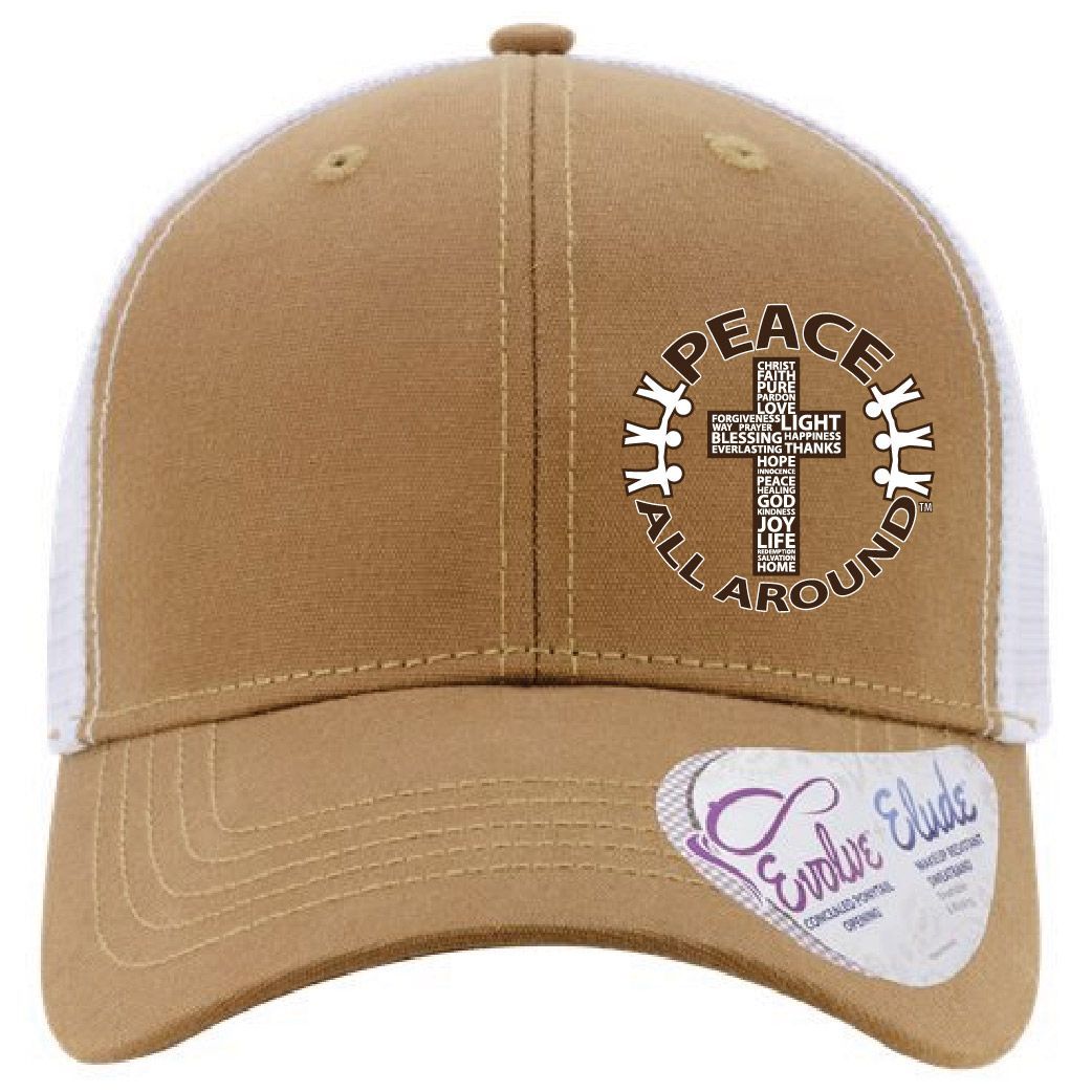 Peace All Around Women’s Ponytail Trucker Cap – Caramel/White