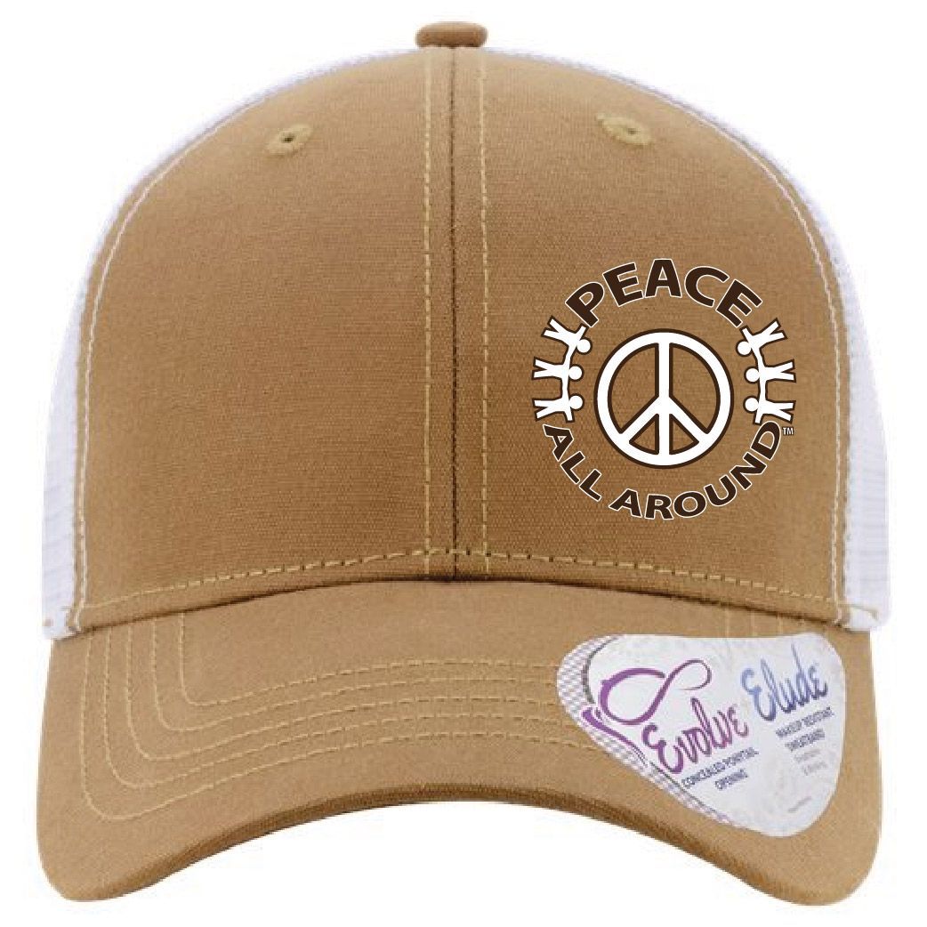 Peace All Around Women’s Ponytail Trucker Cap – Caramel/White