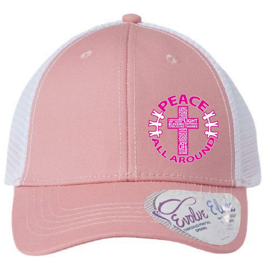 Peace All Around Women’s Ponytail Trucker Cap – Dusty Rose/White