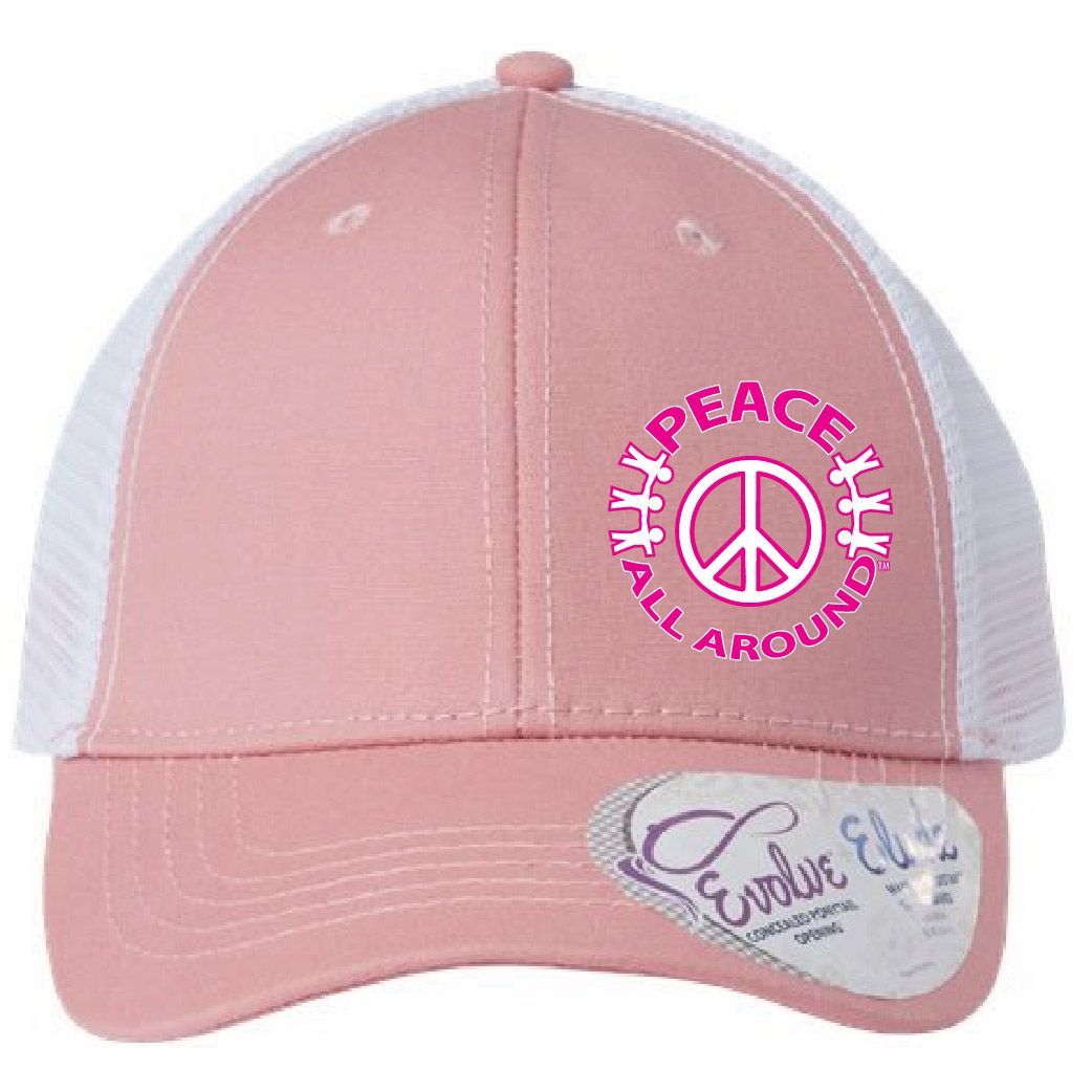 Peace All Around Women’s Ponytail Trucker Cap – Dusty Rose/White