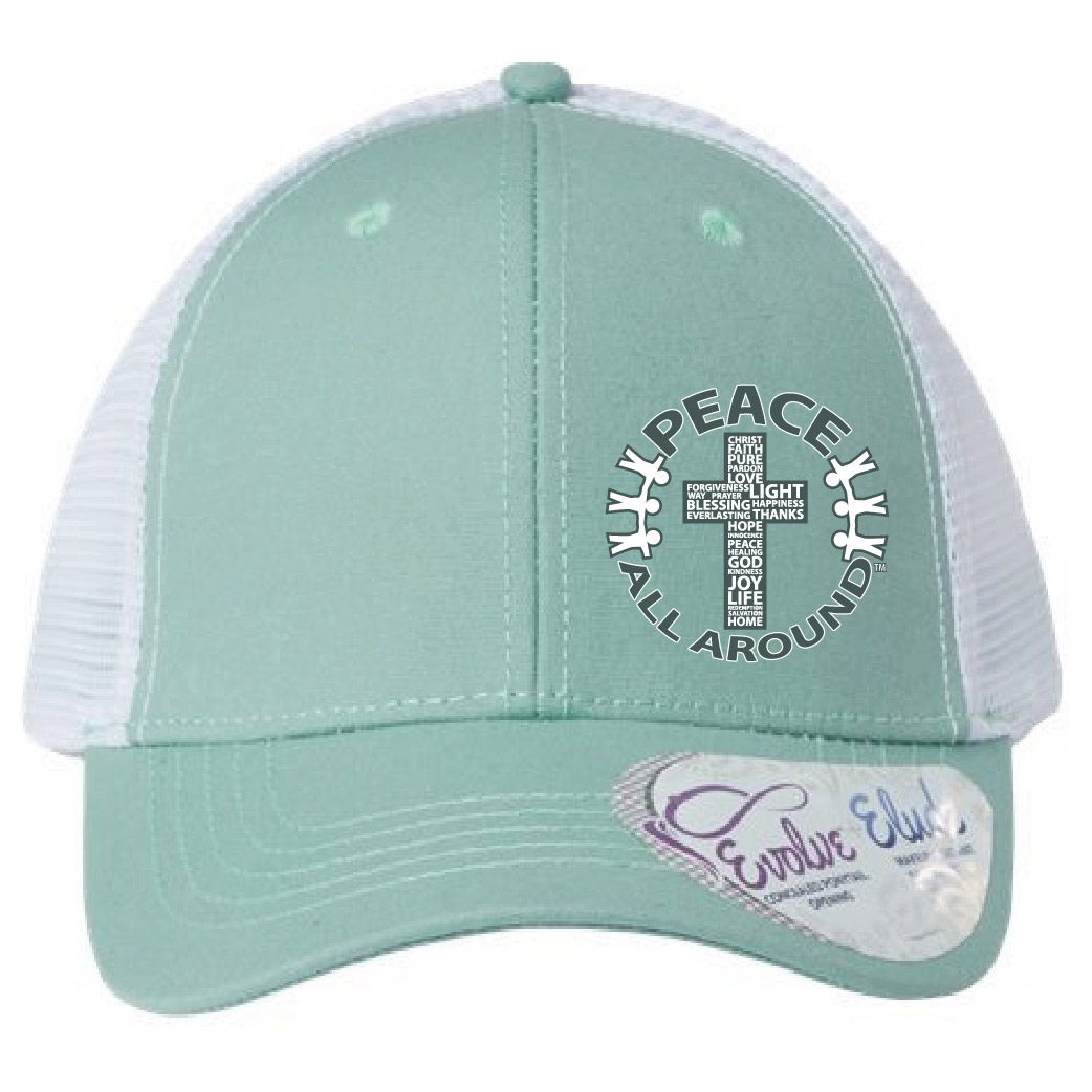 Peace All Around Women’s Ponytail Trucker Cap – Sea Foam/White