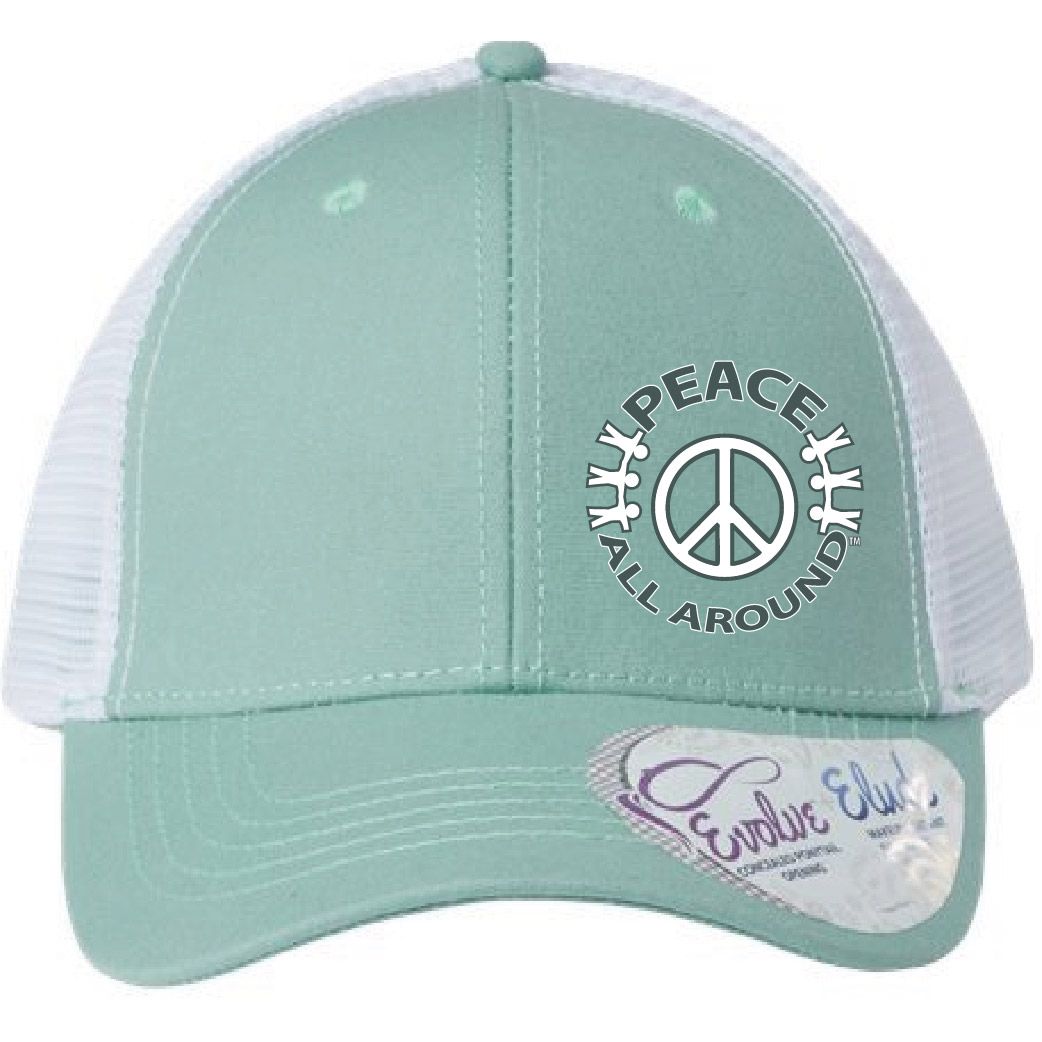 Peace All Around Women’s Ponytail Trucker Cap – Sea Foam/White