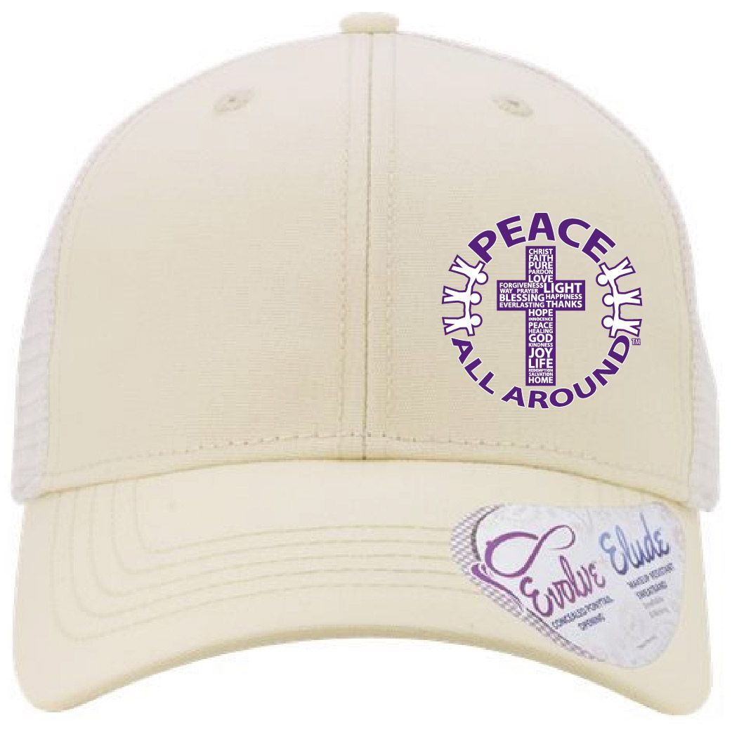 Peace All Around Women’s Ponytail Trucker Cap – Vanilla/White