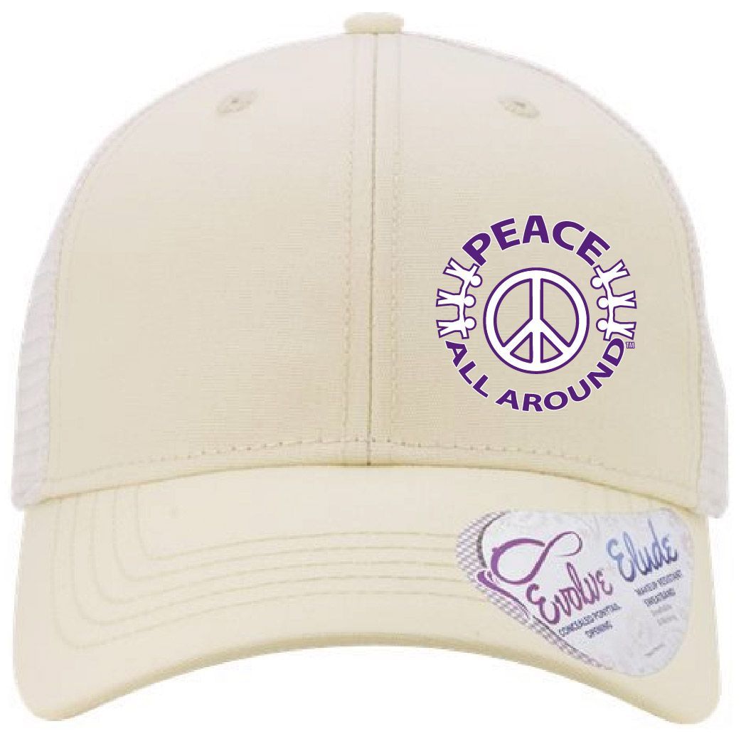 Peace All Around Women’s Ponytail Trucker Cap – Vanilla/White
