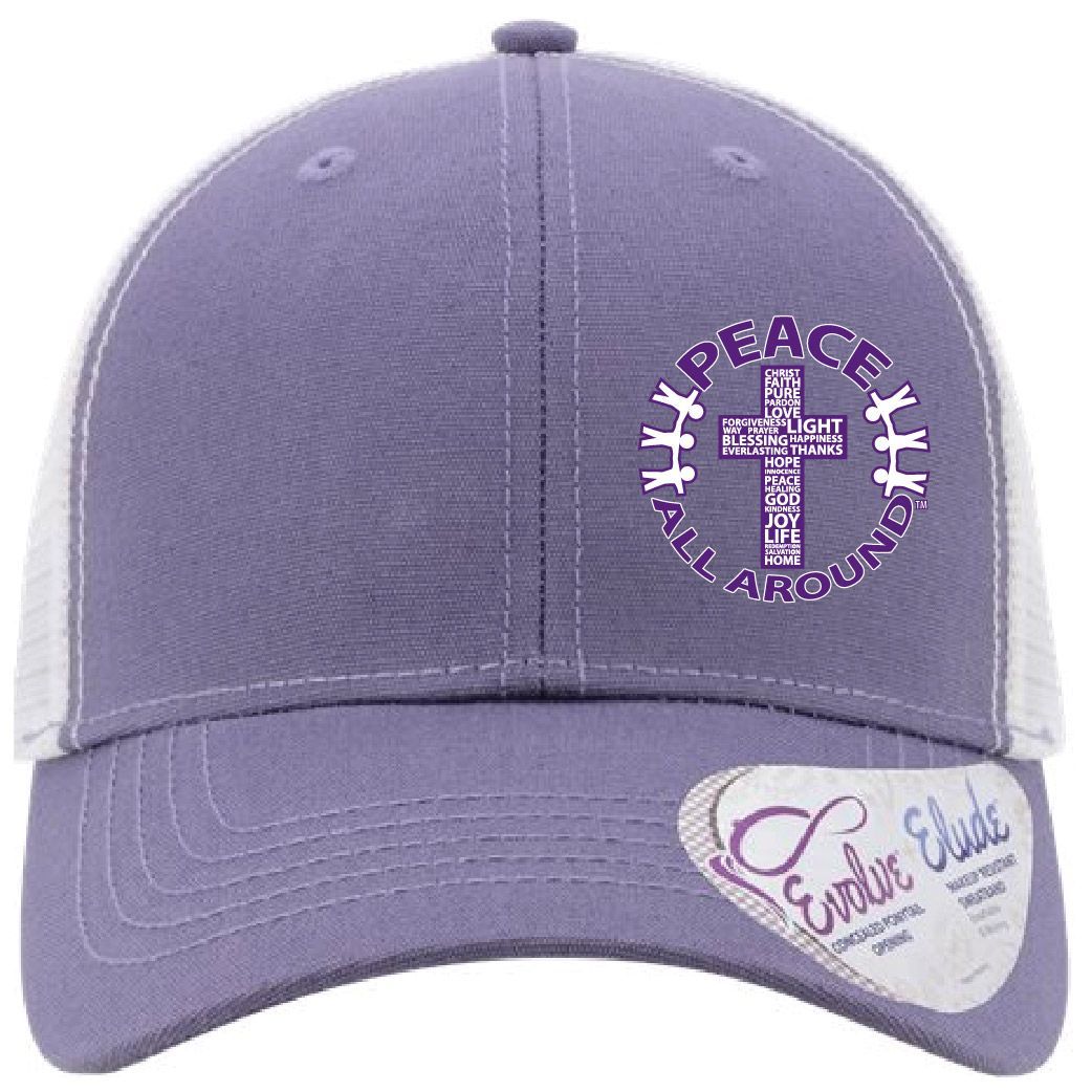 Peace All Around Women’s Ponytail Trucker Cap – Violet/White
