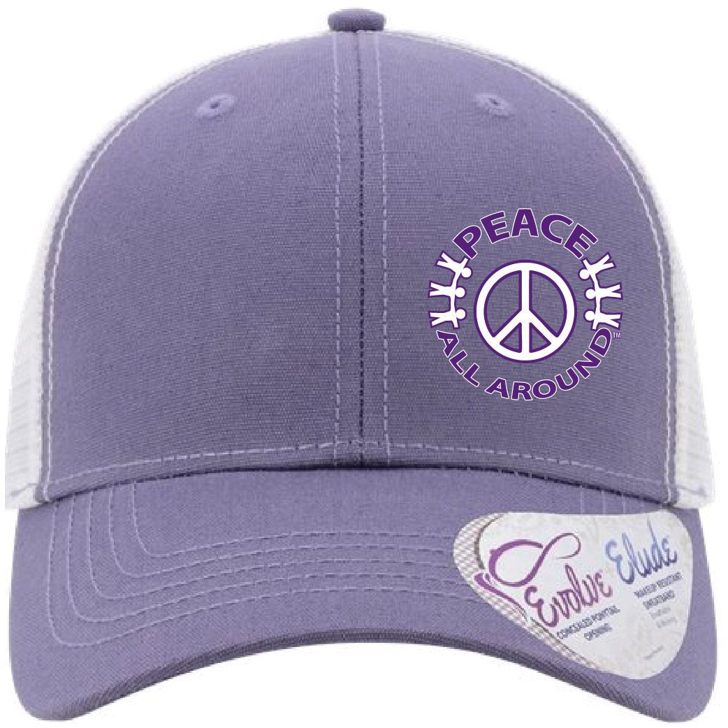 Peace All Around Women’s Ponytail Trucker Cap – Violet/White