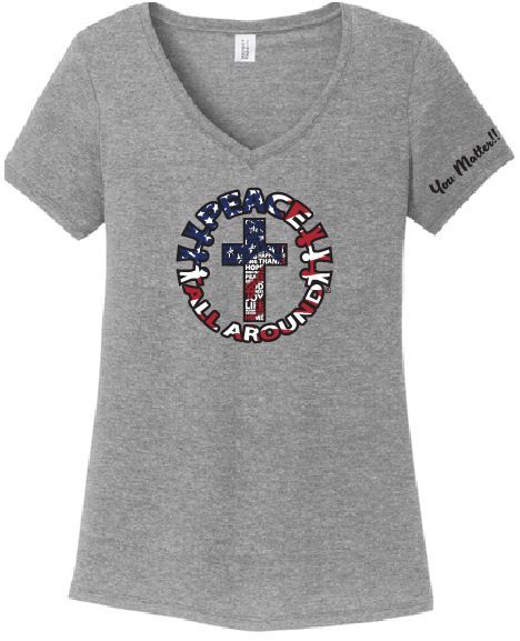 Peace All Around Women’s V-Neck “YOU MATTER!!” Cross T-Shirt--Grey Frost