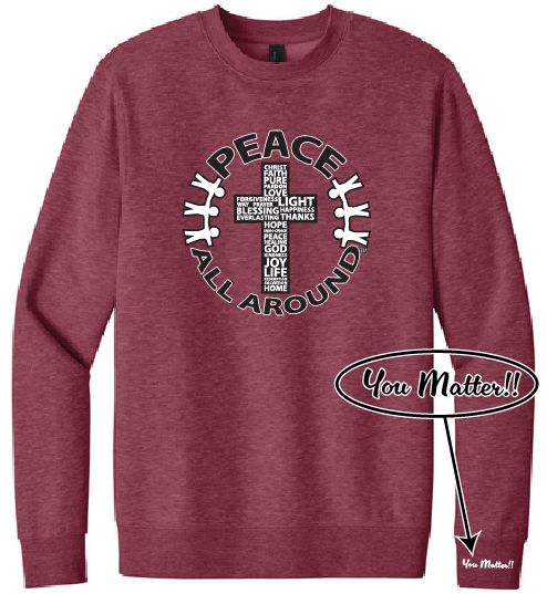 Peace All Around heather cardinal cross crewneck sweatshirt