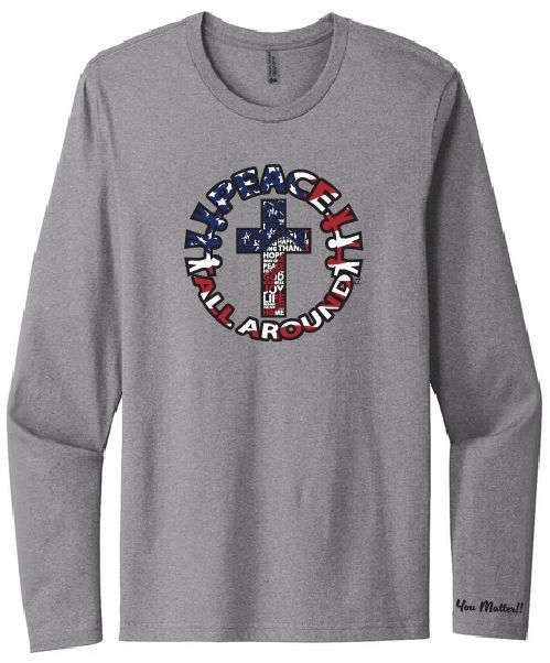 Peace All Around Cross Long Sleeve T-Shirt – Heather Grey | Inspirational Faith Tee