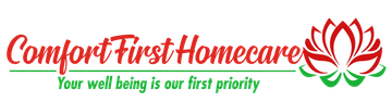 Comfort First Homecare logo with red and green text, lotus icon, and slogan &ldquo;Your well being is our first priority&rdquo;