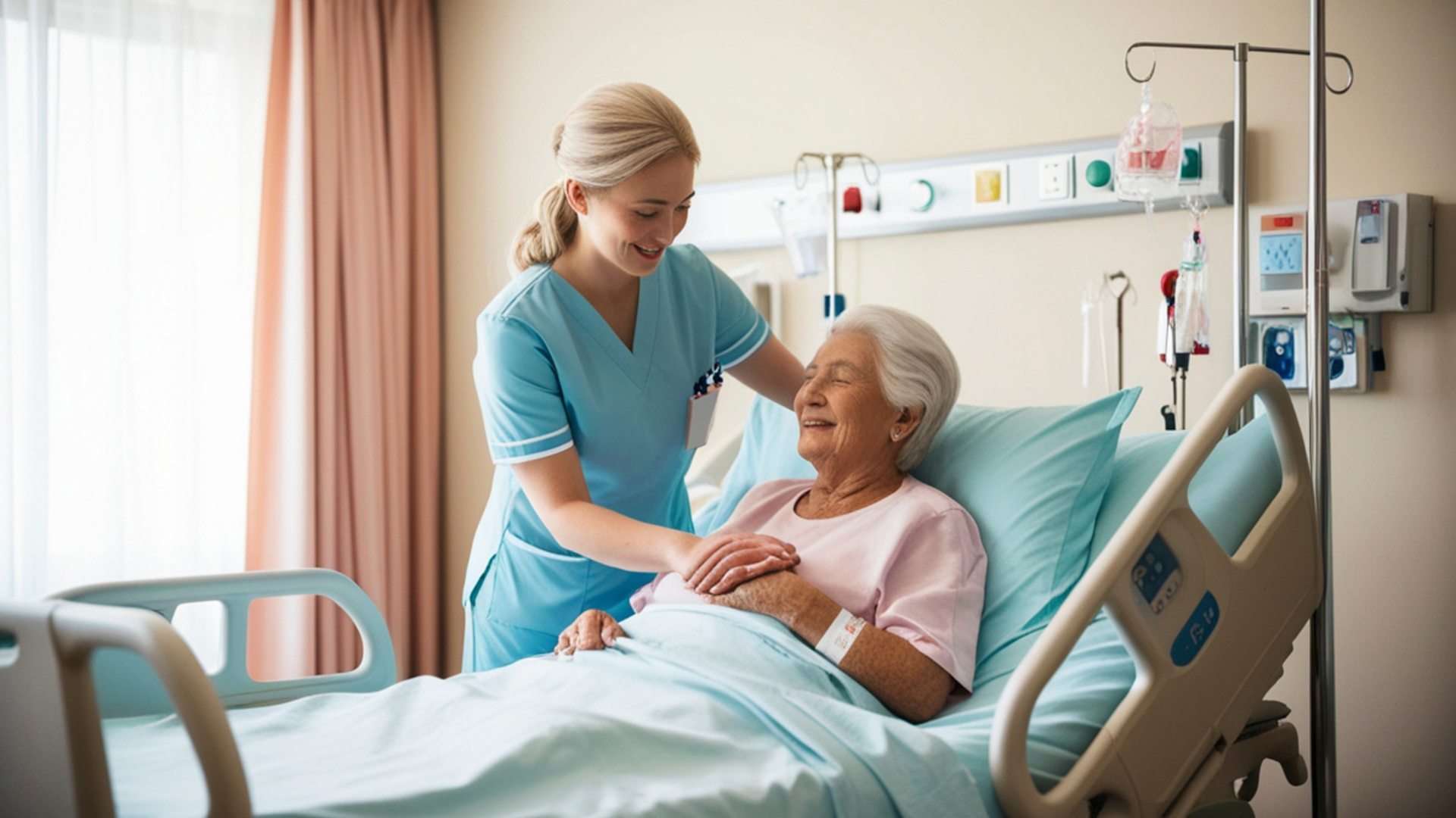 Nurse caring for a patient in a hospital bed, adjusting her blanket by the bedside.
