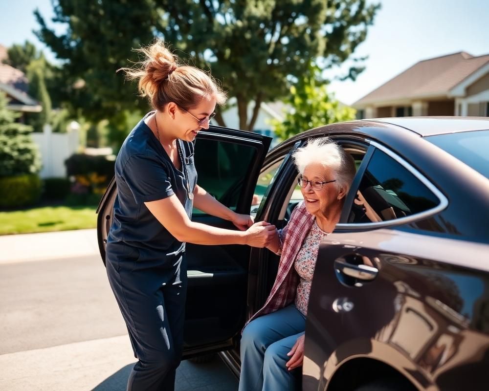 Woman helping an elderly passenger out of a black car in a sunny suburban driveway