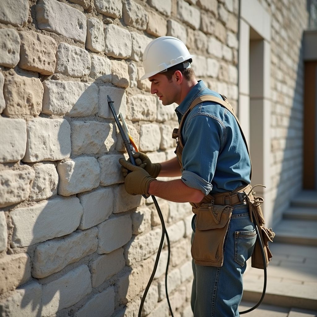 Un homme découpe un trou dans un mur de briques avec une meuleuse.