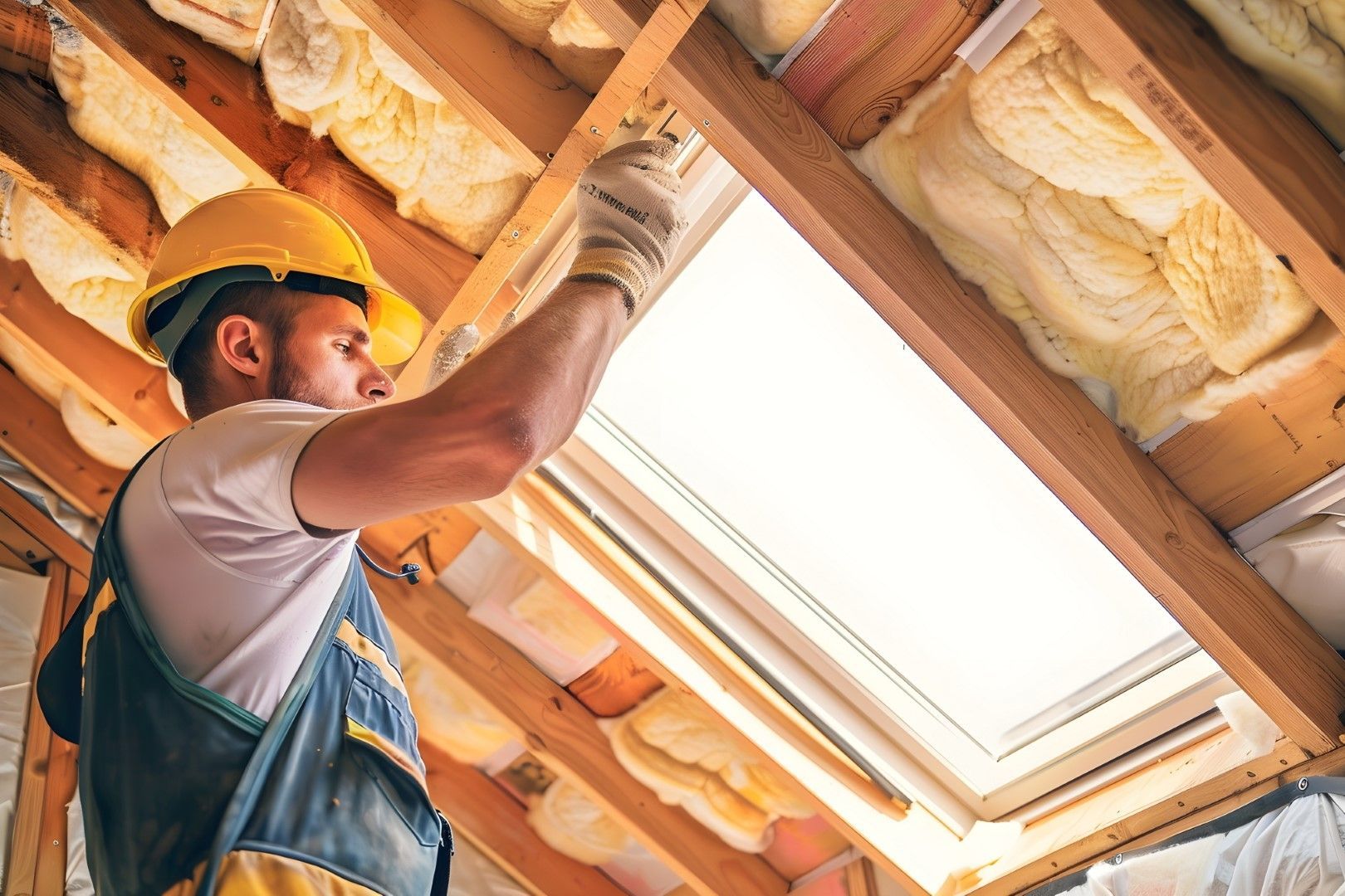 A man is working on a skylight in a house.
