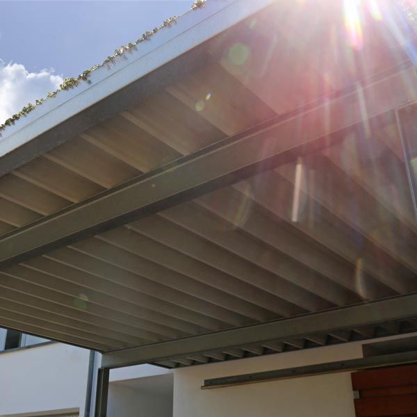 Underside of a metal carport roof with sunlight flare and vine-covered edge against a blue sky