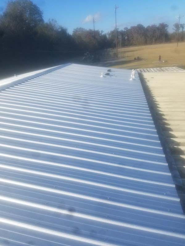 Corrugated metal roof in bright sunlight beside a tan roof, with trees and open field beyond