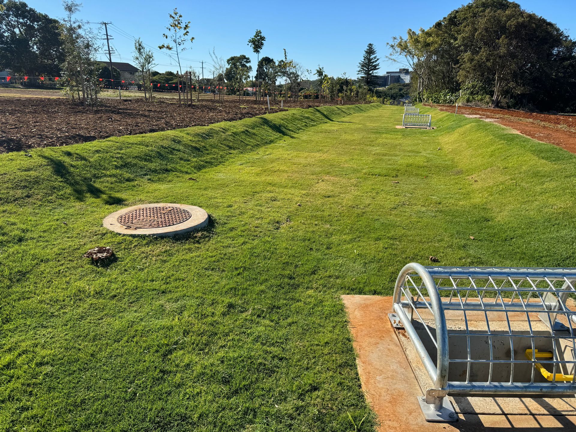 A Grass Patch With Drain Management And Small Trees To The Left — J & M Bashforth & Sons In Brunswick Heads, NSW