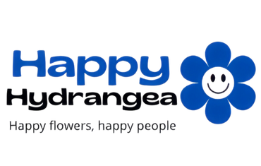 Het logo voor Happy Hydrangea is een blauwe bloem met een lachend gezichtje erop.