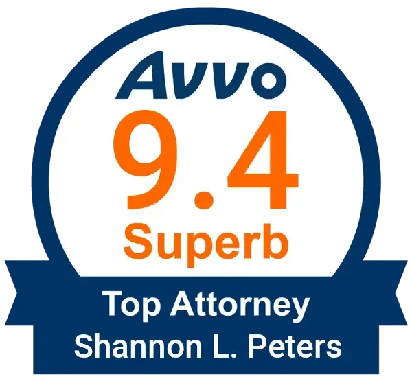 A badge that says avvo rating 9.6 shannon l. peters top attorney