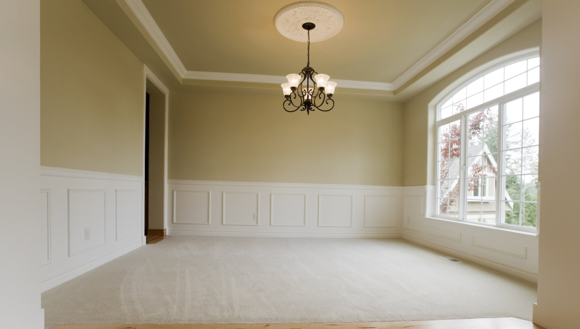 modern living room with wainscotting and walls that are painted tan