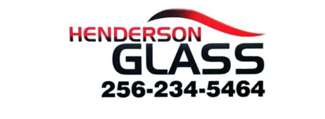 Henderson Glass logo with black text and a red swoosh above the company name, including the phone number 256-234-5464.