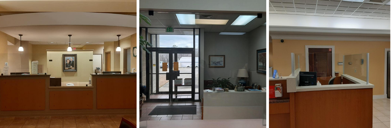A collage showing three views of a bank interior with a service counter, a glass entrance, and an office desk area.
