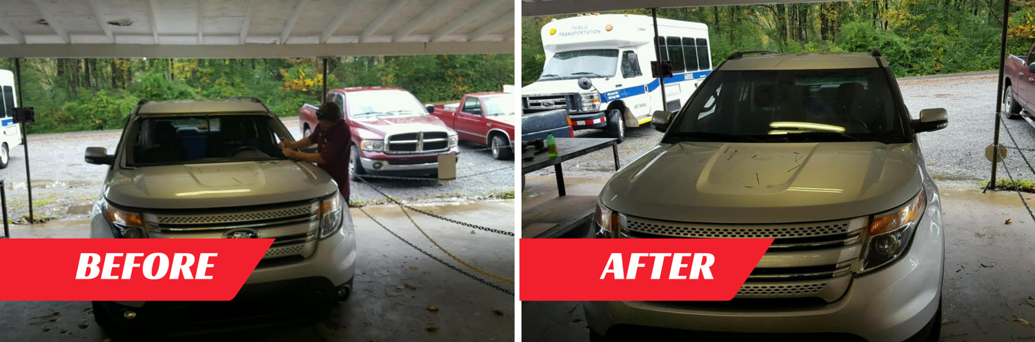 A side-by-side comparison of a silver SUV showing a front-end auto repair, labeled "Before" and "After."