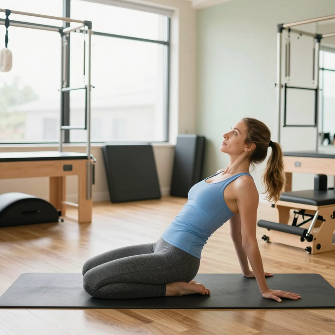 Una persona esegue una posizione di inarcamento della schiena nello yoga su un tappetino in uno studio luminoso con attrezzature per il Pilates.