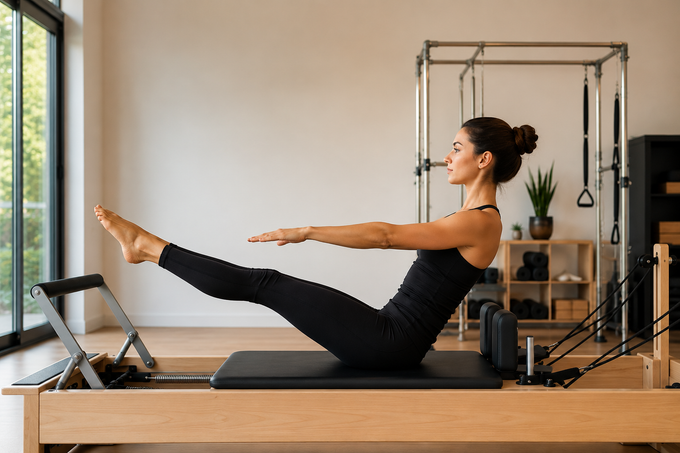 Una persona esegue una posizione yoga di piegamento in avanti in piedi su un tappetino in uno studio luminoso.