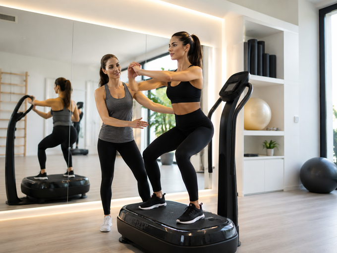 Due donne si allenano su piattaforme vibranti in una palestra luminosa, con uno specchio e attrezzature per il fitness nelle vicinanze.