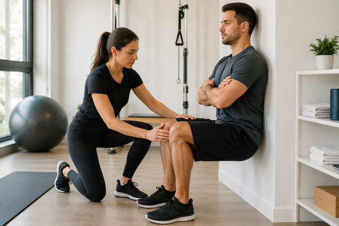 Un istruttore assiste un cliente nell'esecuzione di esercizi per le gambe da seduto in una luminosa sala da palestra.