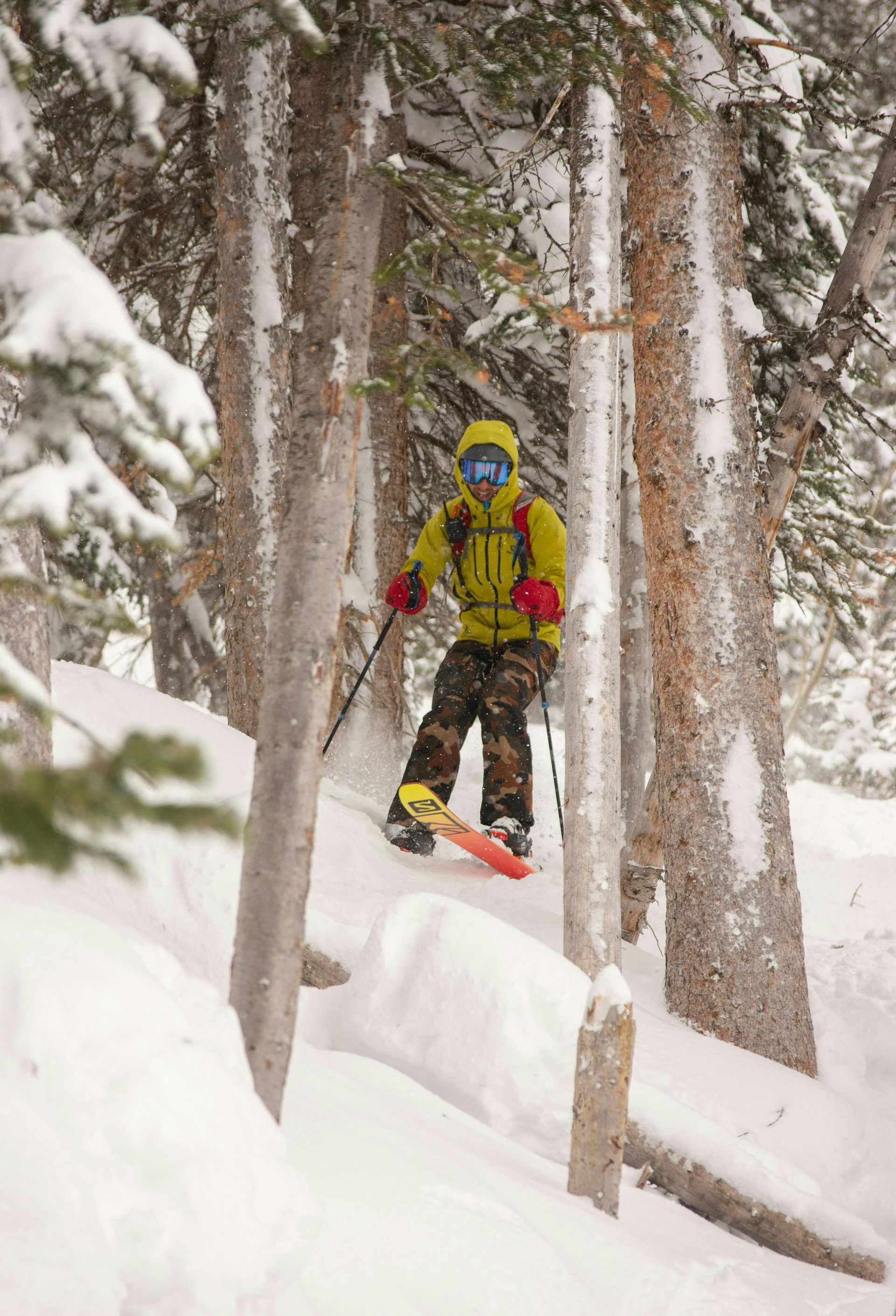 A person is riding a snowboard through a snowy forest.