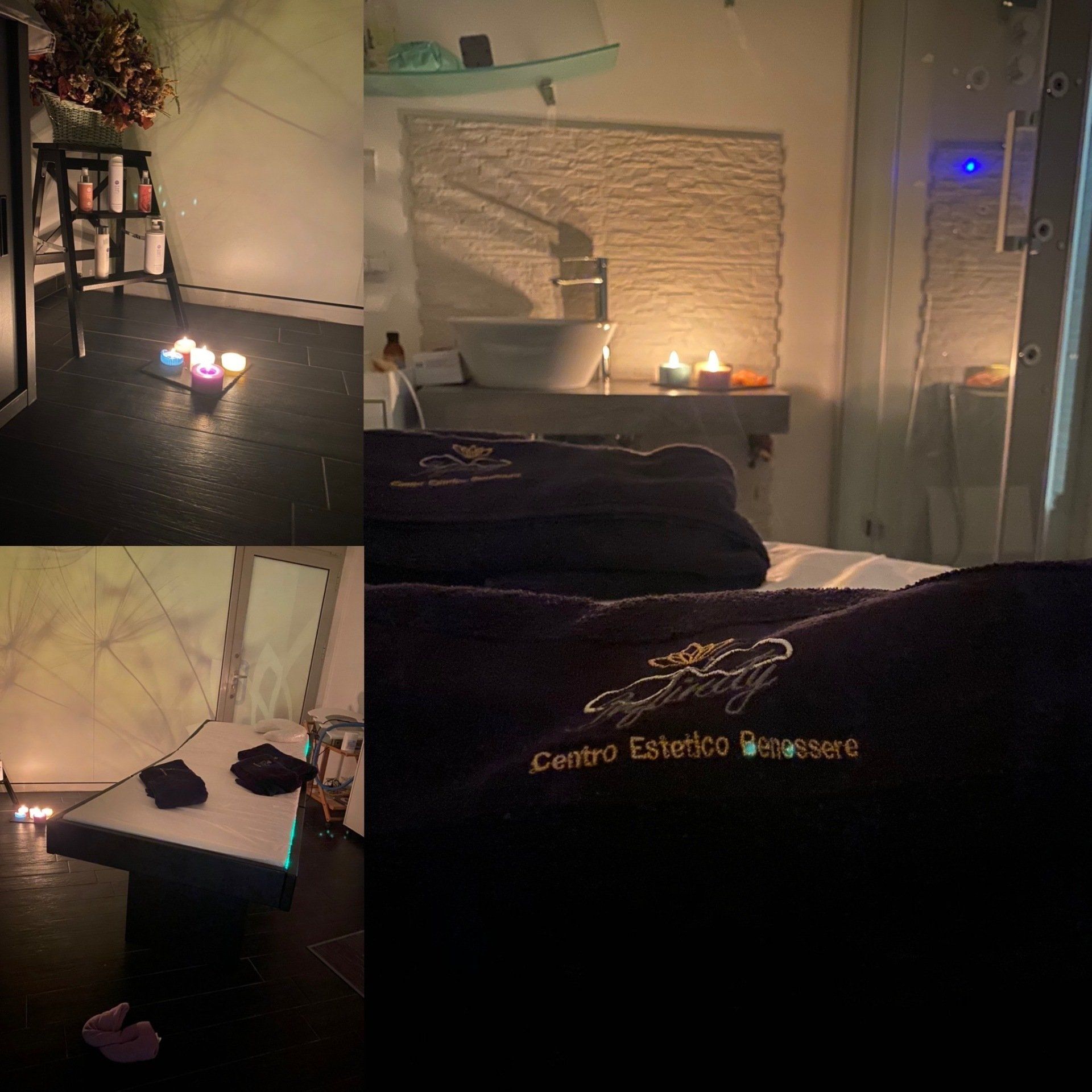Un collage che ritrae una sala spa con asciugamani scuri con loghi dorati, luci soffuse e candele, e un lettino da massaggio.