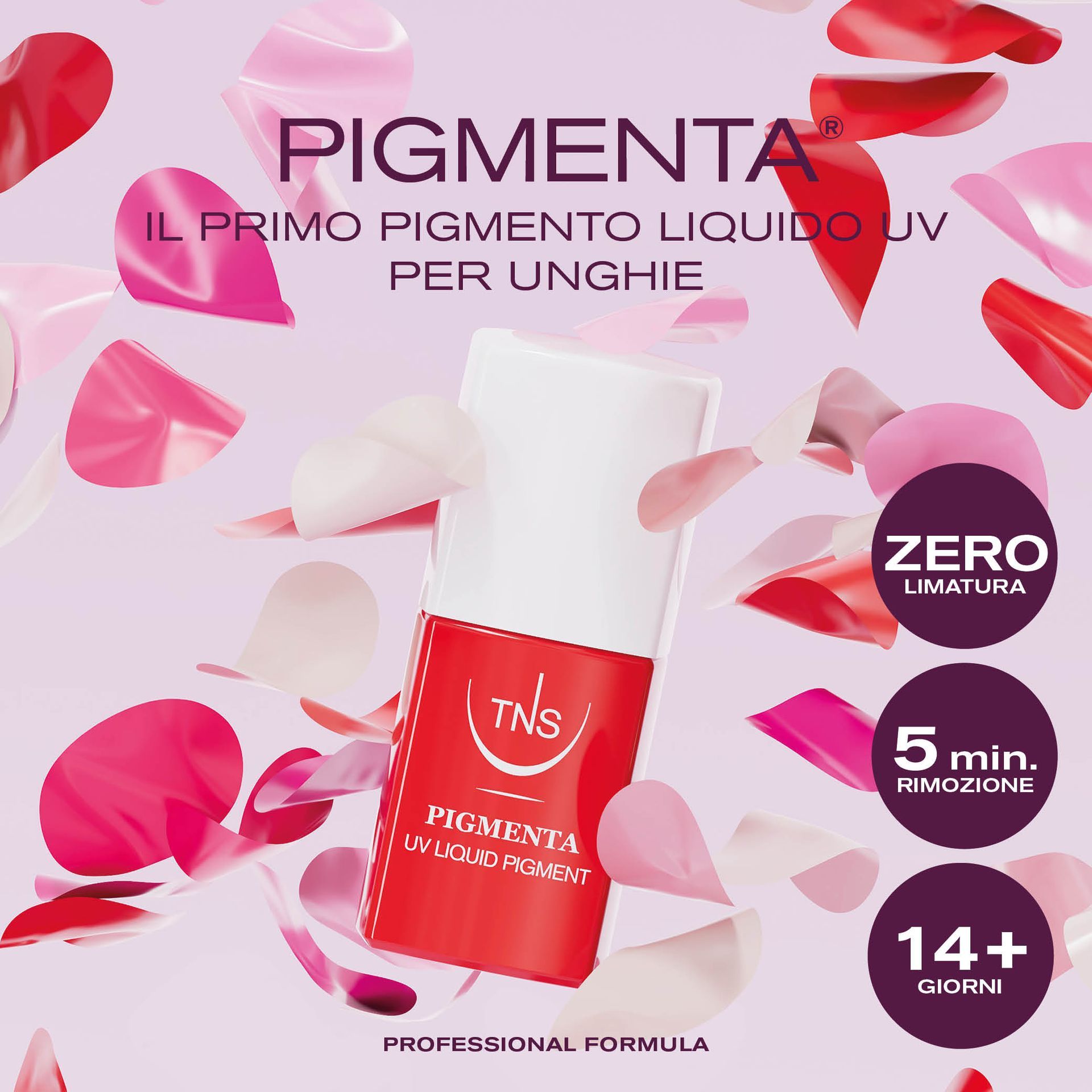 Flacone del prodotto per unghie TNS Pigmenta circondato da petali di fiori rosa e rossi, che evidenziano i benefici