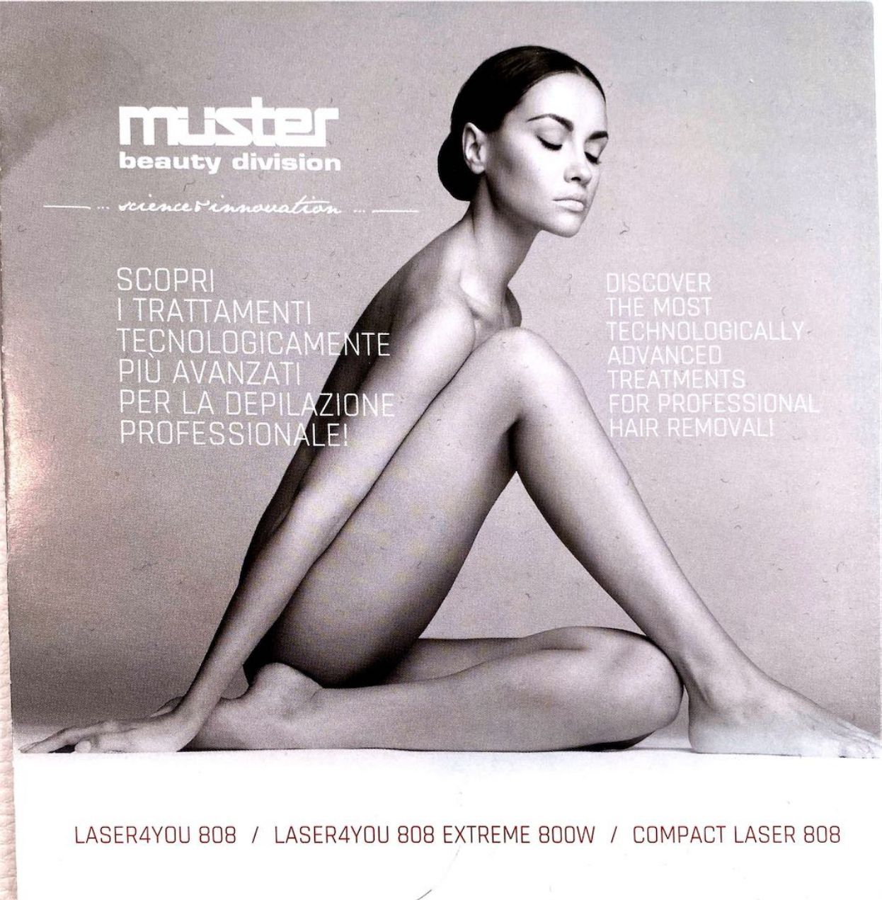 Una pubblicità per l'epilazione laser di Muster Beauty Division, che mostra una persona con un testo per i servizi .