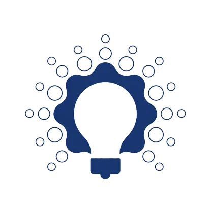 Blue lightbulb icon with a gear-like outline and small circles around it