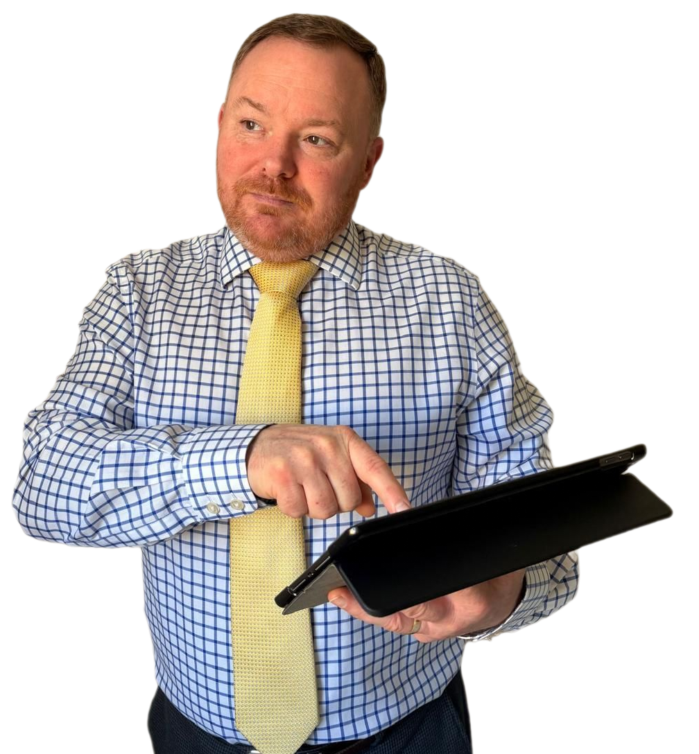 A person in a checkered button-down shirt and yellow tie looking away while interacting with a tablet computer.