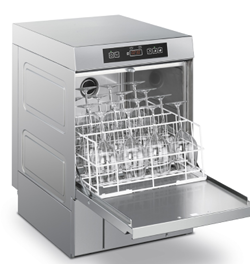 A stainless steel dishwasher filled with wine glasses