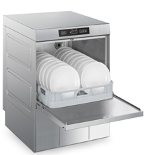 A stainless steel dishwasher filled with plates and bowls
