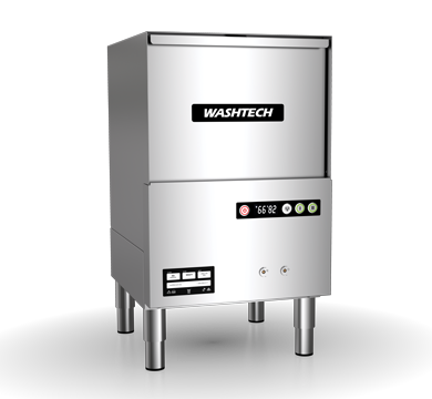 A stainless steel washtech dishwasher is sitting on a white surface.