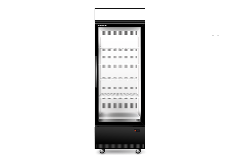 A black refrigerator with a glass door on a white background.