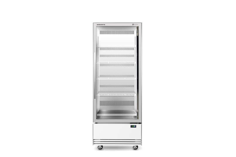 A stainless steel refrigerator with a glass door on a white background.