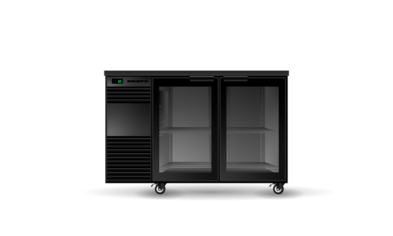 A black refrigerator with two glass doors and wheels on a white background.