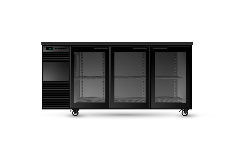 A black refrigerator with three glass doors and wheels on a white background.