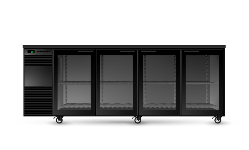 A black refrigerator with three glass doors and wheels on a white background.