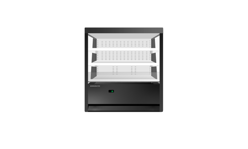 A black refrigerator with three shelves and a drawer on a white background.